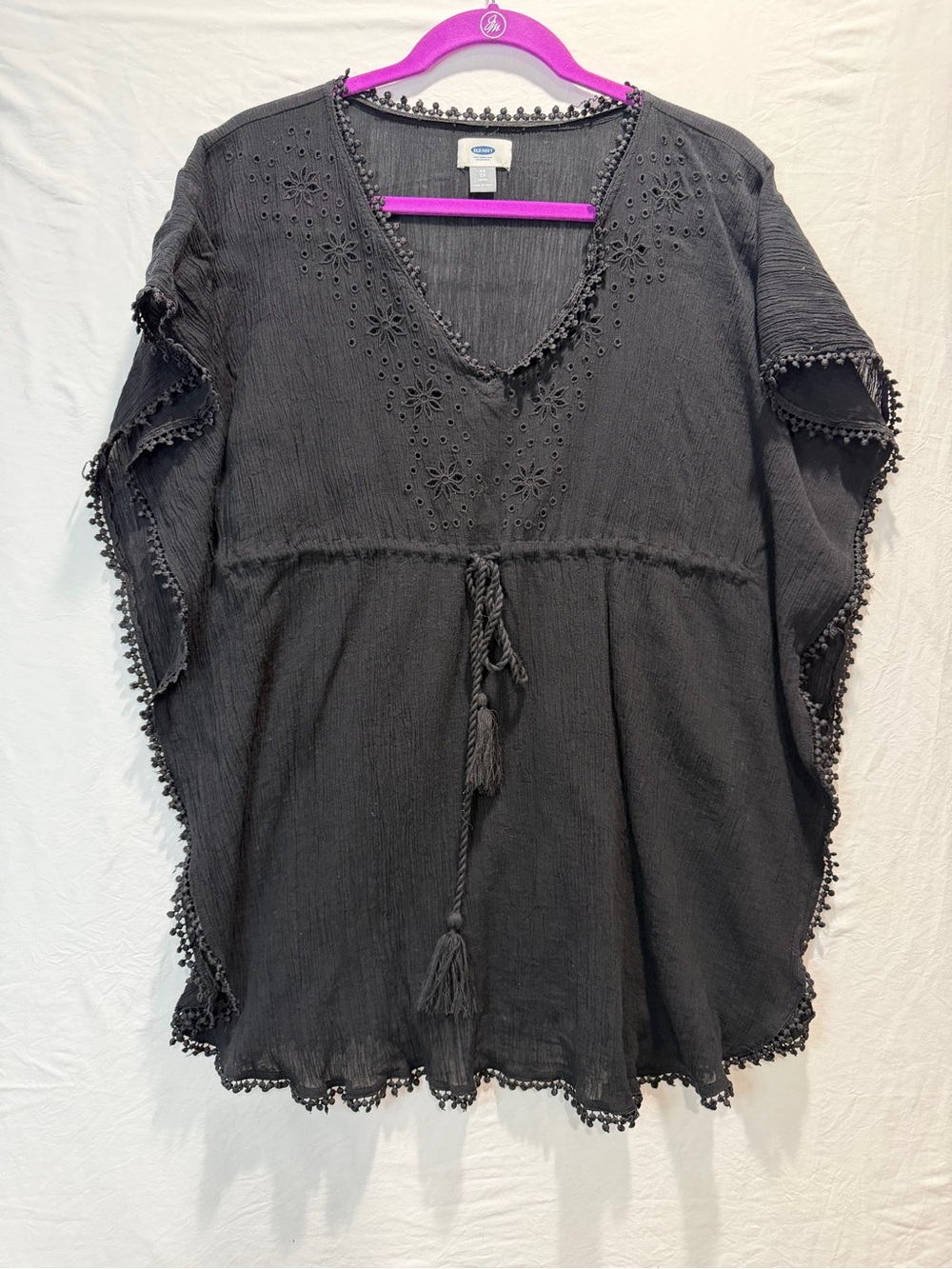 Old Navy Black Embroidered Swim Coverup Tunic with Tassel Tie